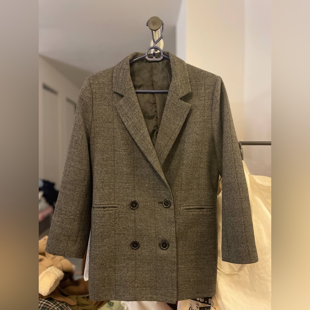 Vintage Double Breasted Plaid Blazer Jacket in Gray